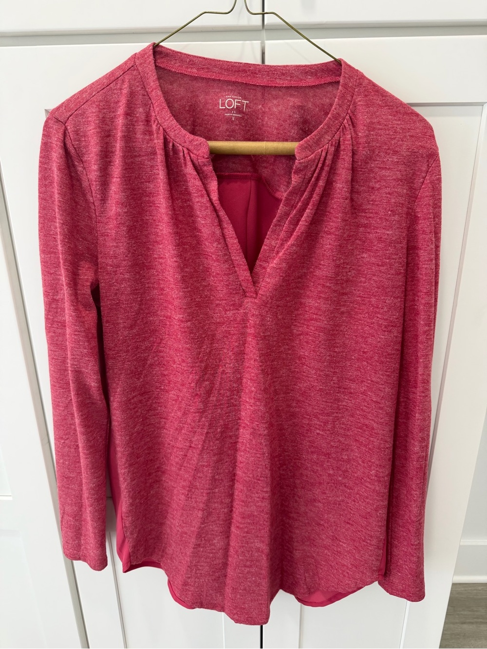 LOFT Heathered Raspberry Long-Sleeve Split-Neck Top